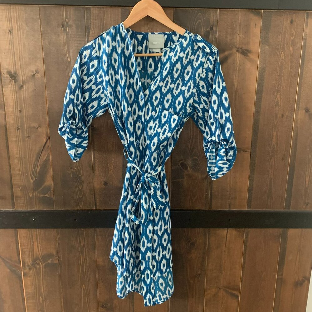 Anthropologie Maeve Ikat Print Teal Button Down Dress Size XS